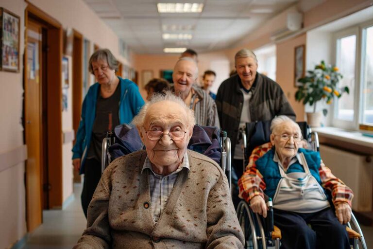Family members chatting and laughing with seniors around a decorated community room table during a group event.