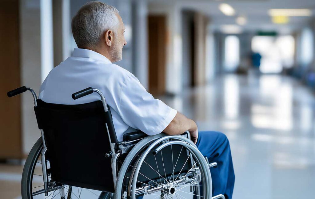 Older adult and family member reviewing admission papers at a kitchen table with a folder, pen, and medication list.